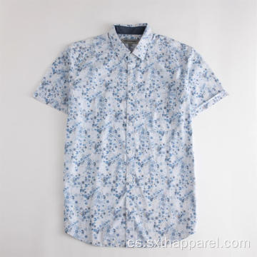 Camisas casuales con estampado de flores azules de manga corta para hombre